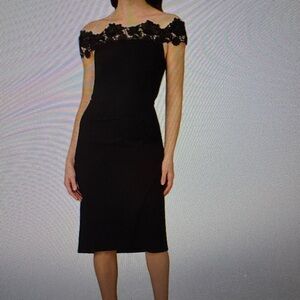 Aidan Mattox Black Off-Shoulder Sheath Midi Dress